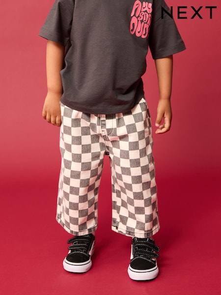 Black/White Checkerboard 100% Cotton Pull On Wide Trousers (3mths-7yrs) (E44886) | €16 - €18