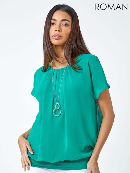 Roman Green Chiffon Jersey Blouson Top with Necklace (E44953) | ₪201