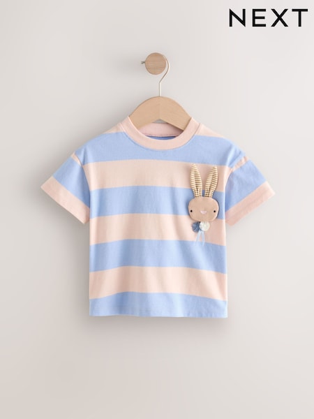 Niebieski/różowy z króliczkiem i wzorem w paski - Short Sleeve 100% Cotton T-shirt (3mths-7yrs) (E44983) | 45 zł - 55 zł