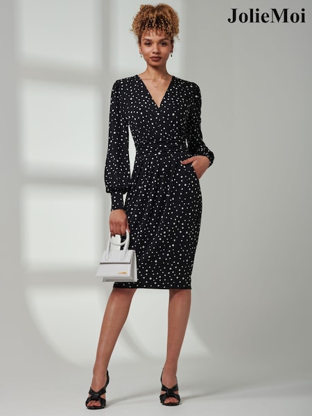 Jolie Moi Black Gwen Print Long Sleeve Pegged Dress (E45135) | €41.50