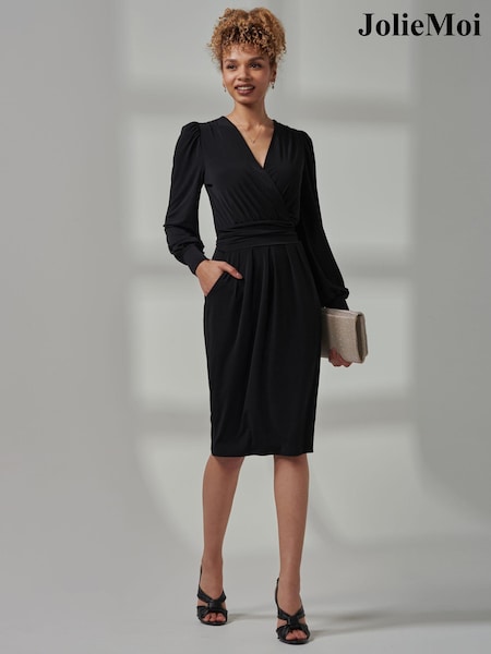 Jolie Moi Black Kinslee Long Sleeve Pegged Dress (E45136) | 148 QAR