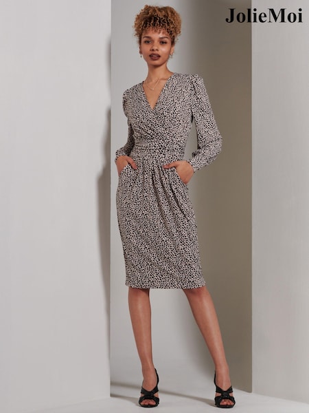 Jolie Moi Brown Gwen Print Long Sleeve Pegged Dress (E45140) | €41.50
