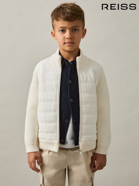 Reiss Off White Southend 3-9 yrs Hybrid Quilt and Knit Zip-Through Jacket (E45169) | €30
