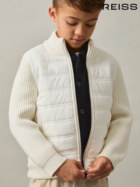 Reiss Off White Southend Hybrid Quilt and Knit Zip-Through Jacket (E45194) | €82