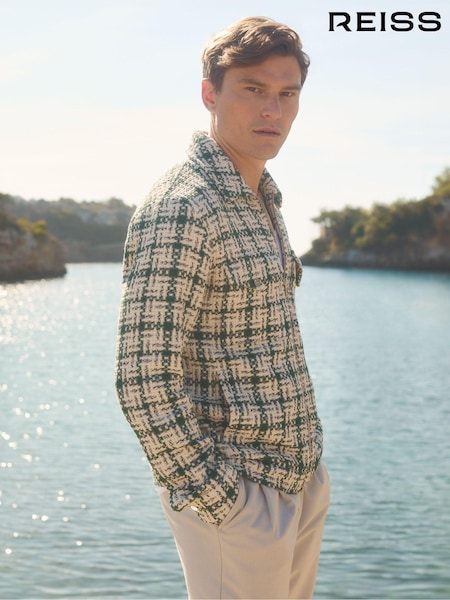 Reiss Ivory/Dark Green Bergoma Ché Textured Check Zip-Through Jacket (E45224) | OMR149