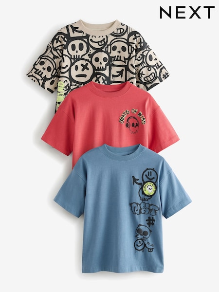Red/Blue/Cement Graffiti - Relaxed Fit Graphic Print Short Sleeve 100% Cotton T-Shirts 3 Pack (3-16yrs) (E45243) | 26 € - 35 €