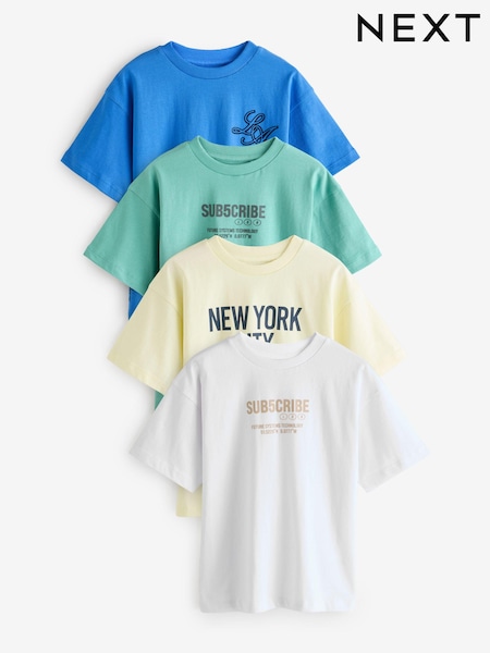 Green/Blue/White/Pale Yellow Relaxed Fit Graphic Short Sleeve T-Shirts 4 Pack (3-16yrs) (E45244) | €32 - €40