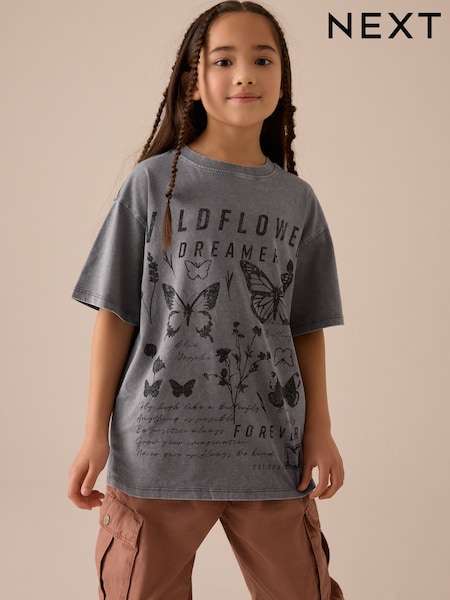 Charcoal Grey Oversized Graphic Print T-Shirt (3-16yrs) (E45294) | 45 QAR - 69 QAR