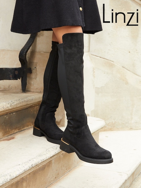 Linzi Black Suede Sawyer Knee High Classic Riding Boots With Gold Trim (E45327) | AED349