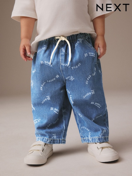Mid Blue All Over Print Wide Leg Pull On 100% Cotton Jeans (3mths-7yrs) (E45334) | €15 - €18