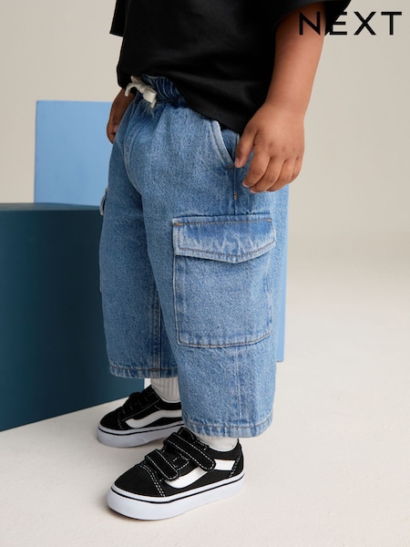 Mid Blue Denim Wide Leg Pull On Cargo 100% Cotton Jeans (3mths-7yrs) (E45336) | $21 - $25