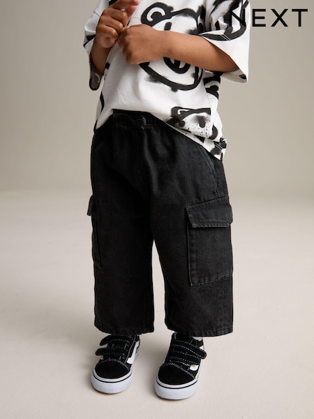 Black Denim Wide Leg Pull On Cargo 100% Cotton Jeans (3mths-7yrs) (E45338) | $24 - $28