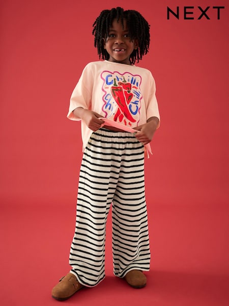 Orange/White Oversized Chilli 100% Cotton Graphic Print T-Shirt with Wide Leg Crochet Trousers (3-16yrs) (E45357) | 823 UAH - 1,070 UAH