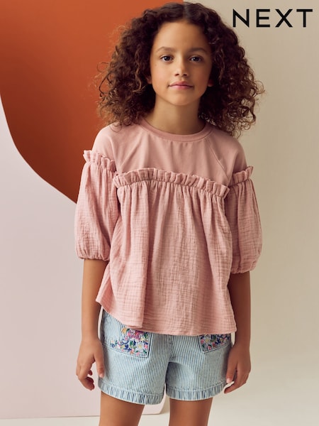 Pink 100% Cotton Puff Sleeve Peplum T-Shirt (3-16yrs) (E45358) | AED49 - AED67