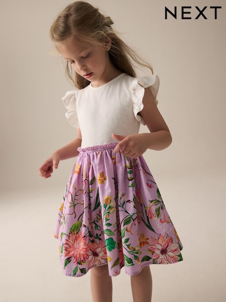 Lilac Purple Floral Print Skirt 100% Cotton Dress (3-12yrs) (E45371) | $32 - $39
