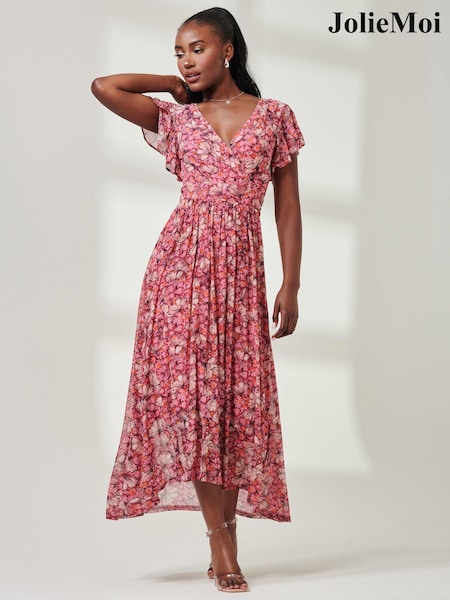 Jolie Moi Pink Wrap Dip Hem Mesh Maxi Dress (E45372) | €95