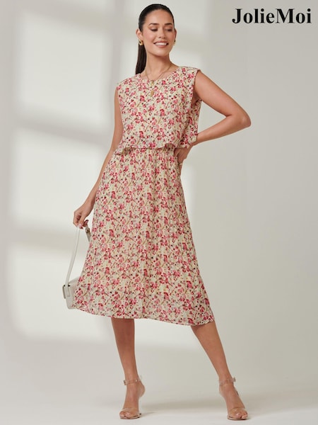 Punainen - Jolie Moi Olena Pleated Overlay Chiffon Midi Dress (E45374) | €74