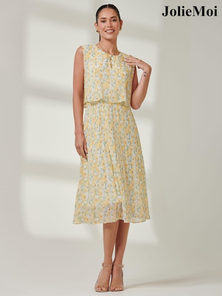 Galben - Rochie midi Jolie Moi Olena Plisat din șifon cu strat suprapus (E45379) | 354 LEI