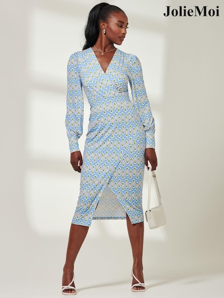 Jolie Moi Blue Print Long Sleeve Jersey Pencil Dress (E45381) | € 46