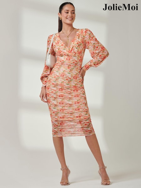 Jolie Moi Orange Long Sleeve Soft Silky Jersey Maxi Dress (E45382) | $119