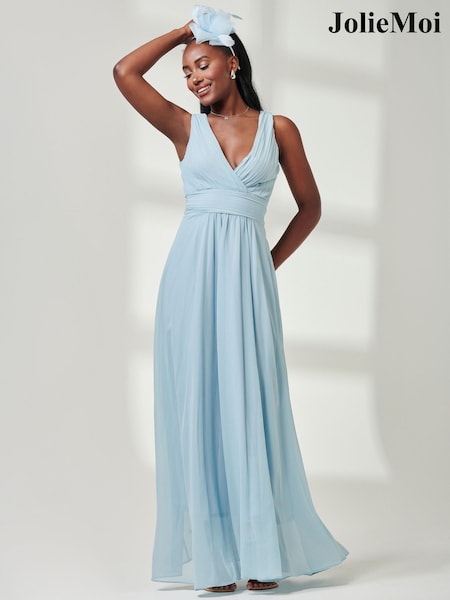 Jolie Moi Mid Blue Pleated Bodice Chiffon Maxi Dress (E45388) | €47