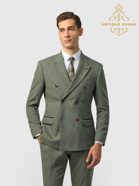Zeleno - Double Breasted Antique Rogue Slim Fit Baxter Double Breasted Herringbone Tweed Jacket