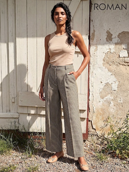 Brown - Roman Tweed Wide Leg Trousers
