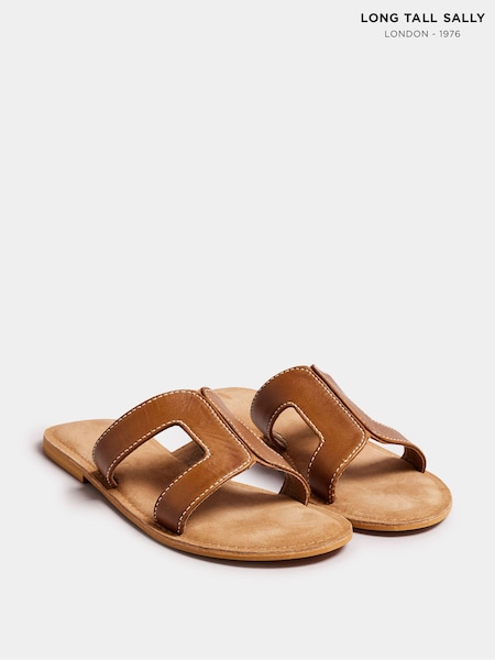Long Tall Sally Brown Tan Leather Cut Out Mule Sandals In Standard Fit (E45613) | R$ 335