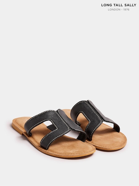 Long Tall Sally Black Tan Leather Cut Out Mule Sandals In Standard Fit (E45616) | ₪171