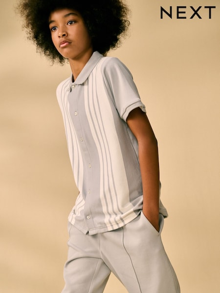 Grey/White 100% Cotton Stripe Button Through Short Sleeve Polo Shirt (3-16yrs) (E45620) | $22 - $31