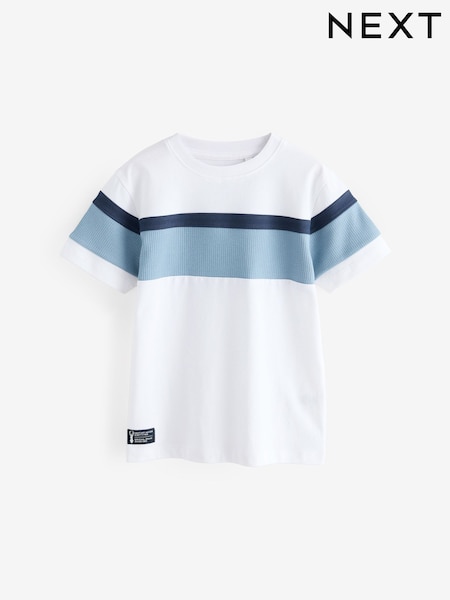 أبيض/تصميم بملمس بارز بلون أزرق - Colourblock Short Sleeve 100% Cotton T-shirt (3-16yrs) (E45681) | ‏48 ر.س.‏ - ‏66 ر.س.‏