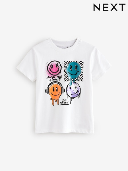 White Happy Face Regular Fit Short Sleeve Graphic 100% Cotton T-Shirt (3-16yrs) (E45692) | €9 - €12
