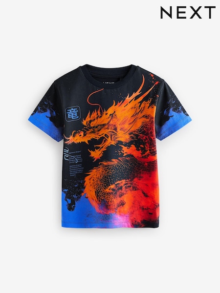 Black/Orange Dragon Regular Fit Short Sleeve All-Over Print 100% Cotton T-Shirt (3-16yrs) (E45697) | 49 QAR - 64 QAR