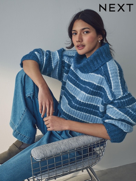 Blue Chambray Chunky Rib High Roll Neck Knitted Jumper with Alpaca (E45703) | €16