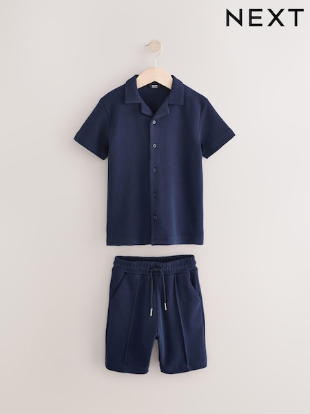Bleu marine - Textured Revere Collar Short Sleeve Shirt And Shorts Set (3-16yrs) (E45726) | € 22 - € 32