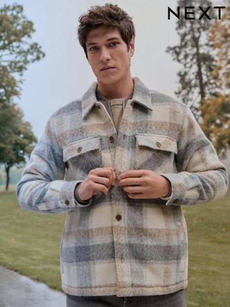 Light Grey Borg Lined Check Shacket (E45841) | €78