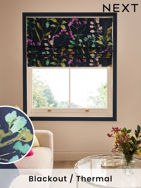 Navy Blue/Pink Ready Made Blackout Isla Floral Print Roman Blinds (E45980) | €59 - €132
