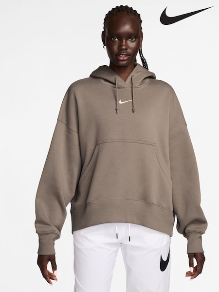 Nike Brown Oversized Phoenix Fleece Over Mini Swoosh Pullover Hoodie (E46346) | €55