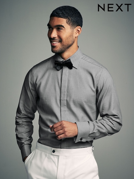 Grey Textured/Black Slim Fit Double Cuff Shirt And Bow Tie Pack (E46474) | €21