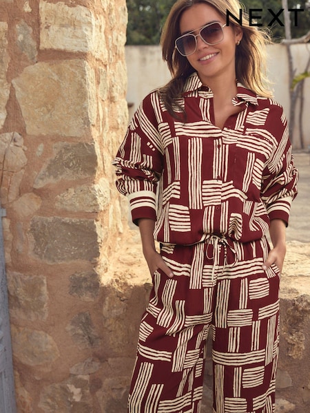 Berry Red/White Geometric Print Long Sleeve Shirt (E46477) | 141 QAR