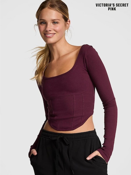 Victoria's Secret PINK Purple Rose Long Sleeve Cotton Corset Top (E46511) | €40