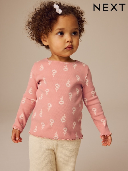 Rosa mit Blumendesign - Geripptes Langarm-T-Shirt (3Monate -7Jahre) (E46544) | 8 € - 11 €