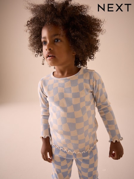 Blaues Schachbrett - Geripptes Langarm-T-Shirt (3Monate -7Jahre) (E46545) | 8 € - 11 €