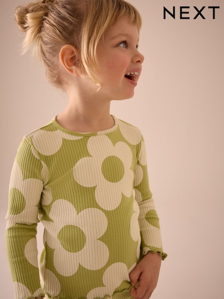 Green Flower Rib Long Sleeve T-Shirt (3mths-7yrs) (E46547) | kr84 - kr117