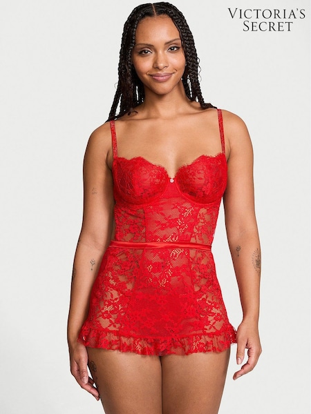 Victoria's Secret Vermillion Red Twinkle Lace Apron Babydoll (E46627) | €86