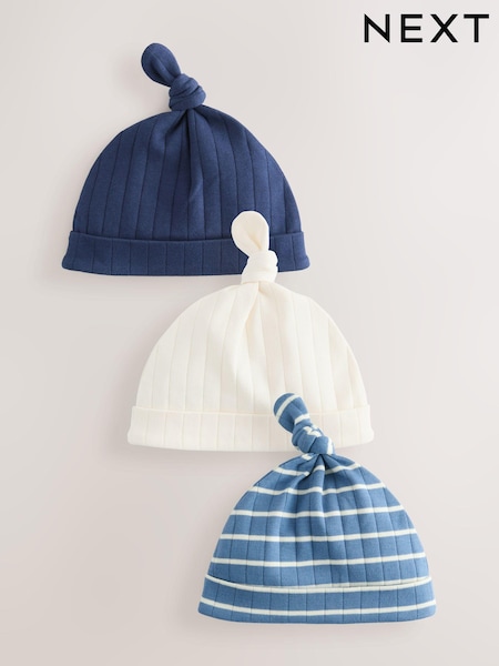 Blue Tie Top 100% Cotton Hats 3 Pack (0-18mths) (E46843) | $9