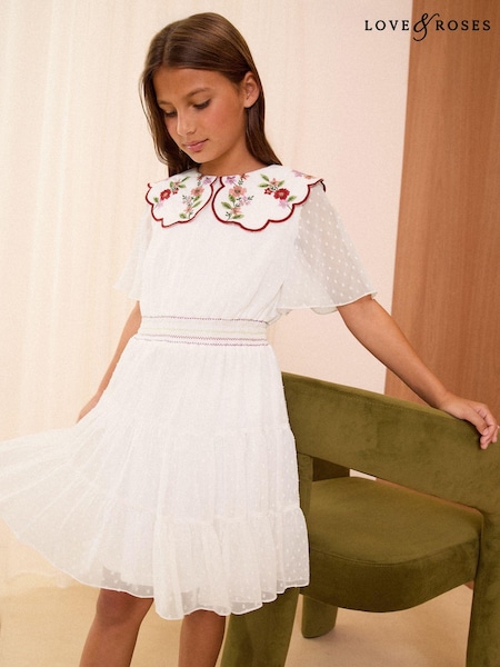 לבן - Love & Roses Embrodiered Collar Dress (5-16yrs) (E46890) | ‏226‏₪ - ‏267‏ ₪