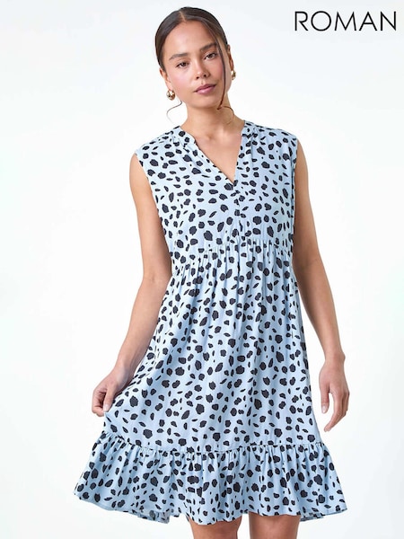 Roman Blue Spot Print Tiered Tunic Dress (E46984) | AED153