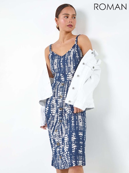 Roman Blue Tie Dye Button 100% Cotton Front Dress (E47009) | R$ 510