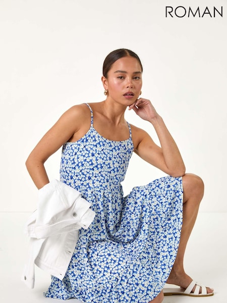 Roman Blue Ditsy Floral Tiered Stretch Dress (E47010) | €53